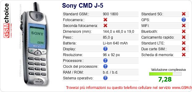 Sony CMD J-5 Dati tecnici di telefono cellulare 