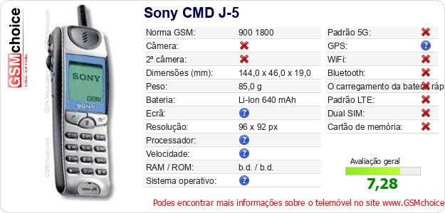 Sony CMD J-5 Especificações técnicas do telemóvel 