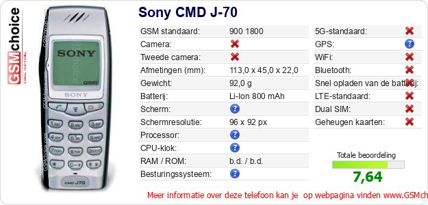 Sony CMD J-70 Technische gegevens Sony CMD J-70 Technische gegevens