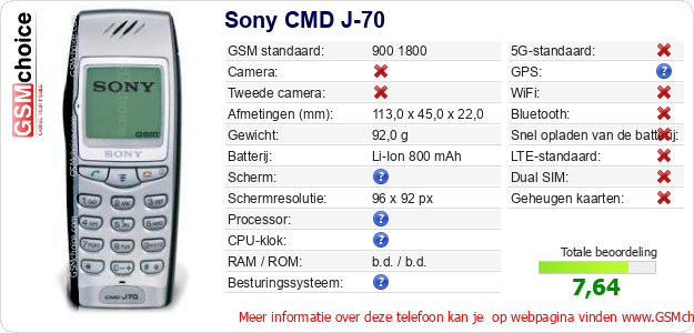 Sony CMD J-70 Technische gegevens 
