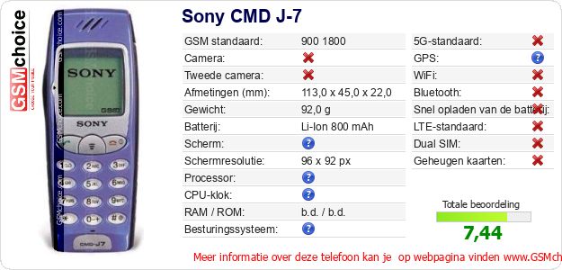 Sony CMD J-7 Technische gegevens Sony CMD J-7 Technische gegevens