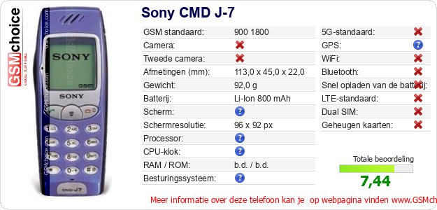 Sony CMD J-7 Technische gegevens Sony CMD J-7 Technische gegevens