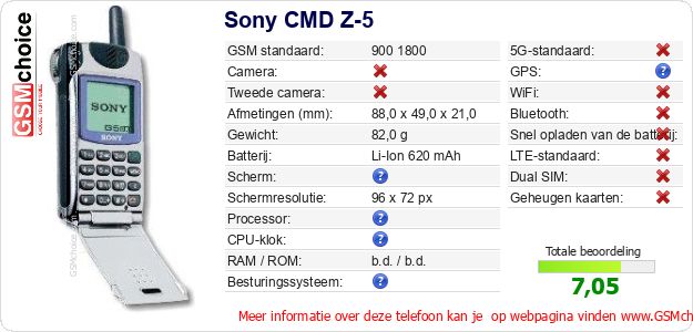 Sony CMD Z-5 Technische gegevens Sony CMD Z-5 Technische gegevens