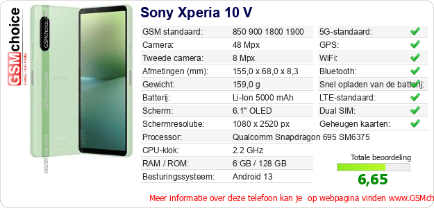 Sony Xperia 10 V Technische gegevens 