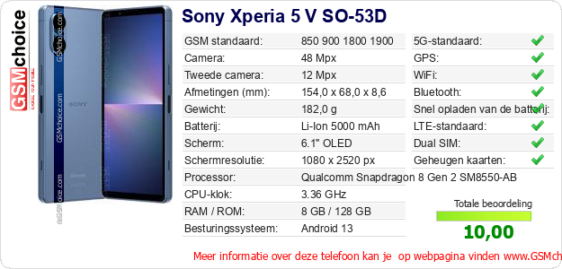Sony Xperia 5 V SO-53D Technische gegevens 
