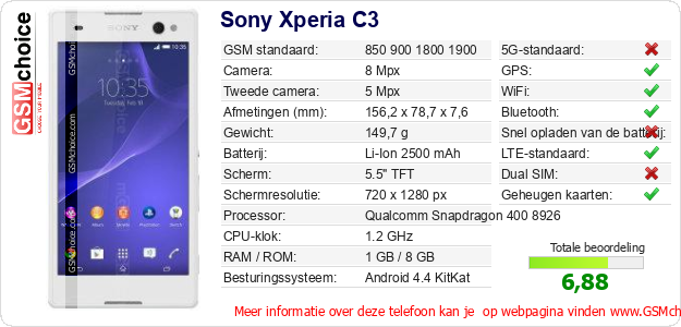 Sony Xperia C3 Technische gegevens 