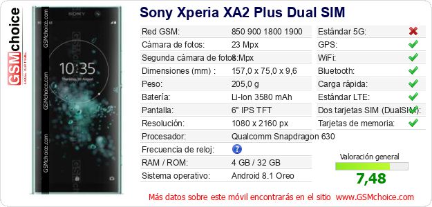 Sony Xperia XA2 Plus Dual SIM Datos técnicos del móvil Sony Xperia XA2 Plus Dual SIM Datos técnicos del móvil