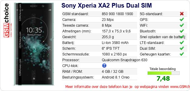 Sony Xperia XA2 Plus Dual SIM Technische gegevens Sony Xperia XA2 Plus Dual SIM Technische gegevens