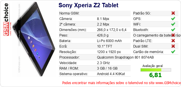 Sony Xperia Z2 Tablet Especificações técnicas do telemóvel 