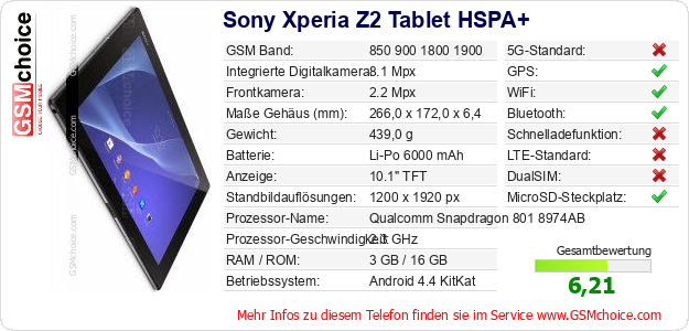 Sony Xperia Z2 Tablet HSPA+ technische Daten Sony Xperia Z2 Tablet HSPA+ technische Daten