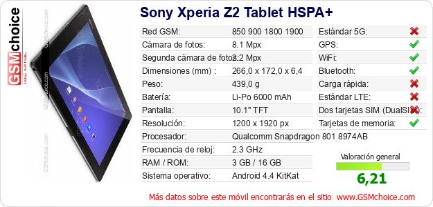 Sony Xperia Z2 Tablet HSPA+ Datos técnicos del móvil Sony Xperia Z2 Tablet HSPA+ Datos técnicos del móvil