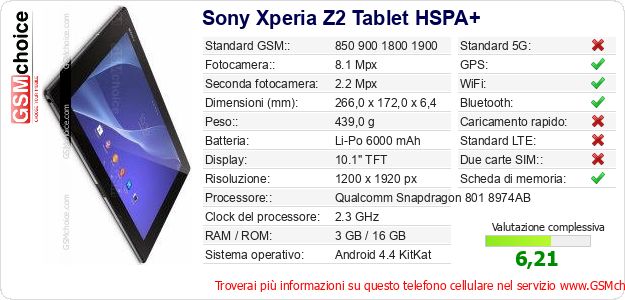 Sony Xperia Z2 Tablet HSPA+ Dati tecnici di telefono cellulare 