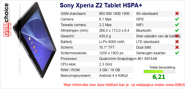 Sony Xperia Z2 Tablet HSPA+ Technische gegevens Sony Xperia Z2 Tablet HSPA+ Technische gegevens