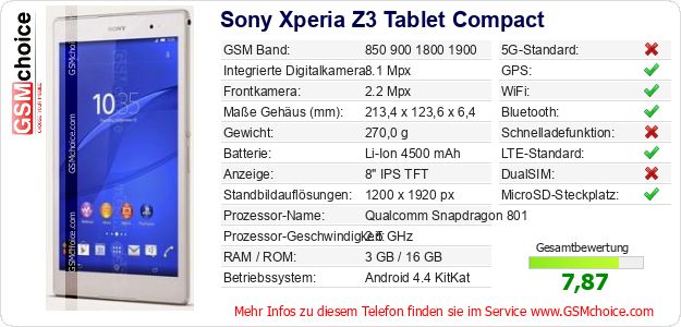 Sony Xperia Z3 Tablet Compact technische Daten Sony Xperia Z3 Tablet Compact technische Daten