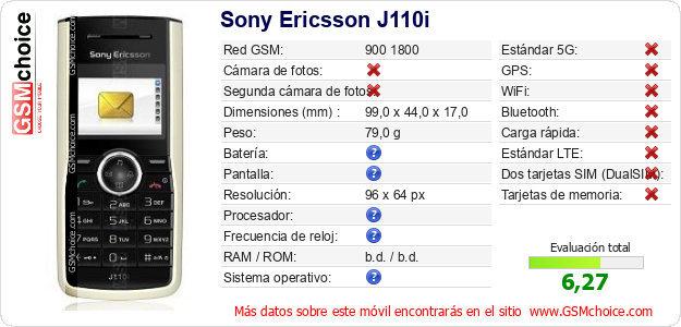 Sony Ericsson J110i Datos técnicos del móvil Sony Ericsson J110i Datos técnicos del móvil