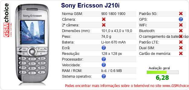 Sony Ericsson J210i Especificações técnicas do telemóvel Sony Ericsson J210i Especificações técnicas do telemóvel