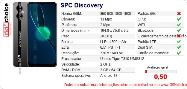 SPC Discovery Especificações técnicas do telemóvel 