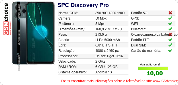 SPC Discovery Pro Especificações técnicas do telemóvel 