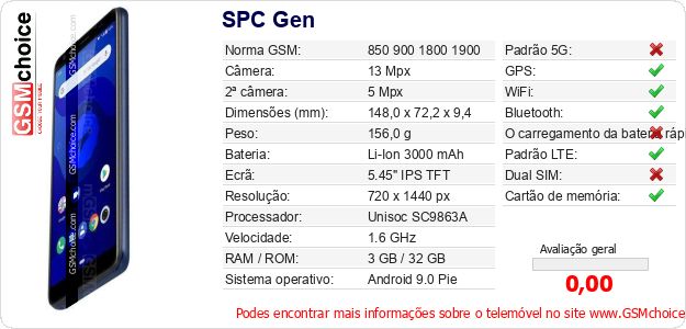 SPC Gen Especificações técnicas do telemóvel 