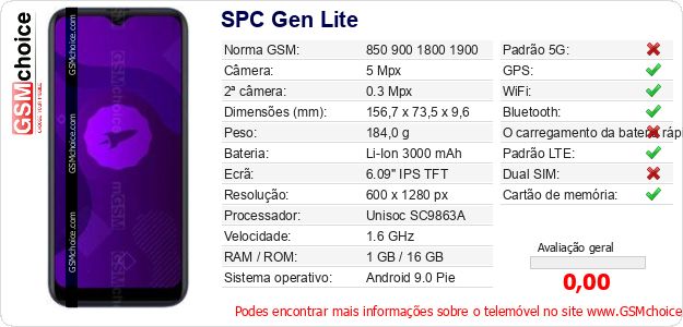 SPC Gen Lite Especificações técnicas do telemóvel SPC Gen Lite Especificações técnicas do telemóvel