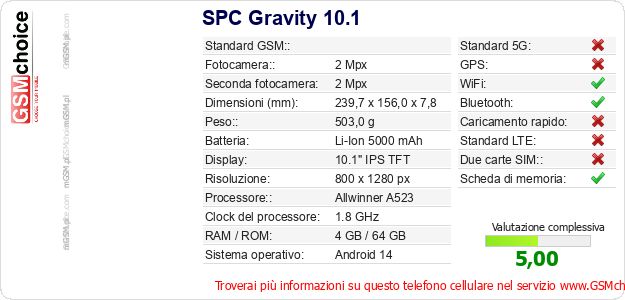 SPC Gravity 10.1 Dati tecnici di telefono cellulare SPC Gravity 10.1 Dati tecnici di telefono cellulare
