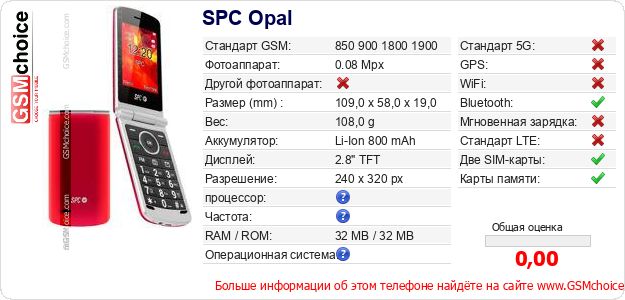 SPC Opal Технические данные телефона SPC Opal Технические данные телефона