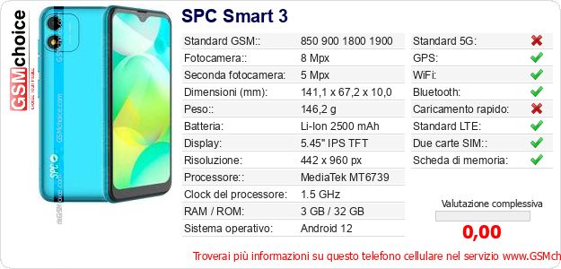 SPC Smart 3 Dati tecnici di telefono cellulare 
