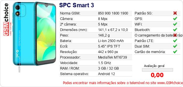 SPC Smart 3 Especificações técnicas do telemóvel SPC Smart 3 Especificações técnicas do telemóvel