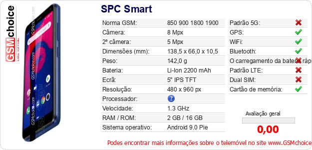 SPC Smart Especificações técnicas do telemóvel SPC Smart Especificações técnicas do telemóvel