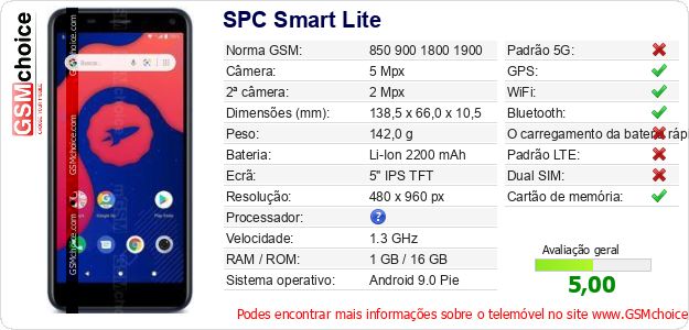 SPC Smart Lite Especificações técnicas do telemóvel SPC Smart Lite Especificações técnicas do telemóvel