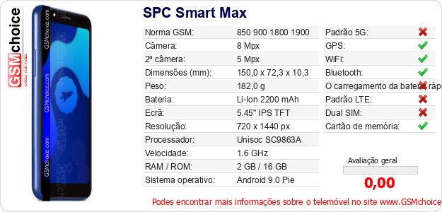 SPC Smart Max Especificações técnicas do telemóvel 