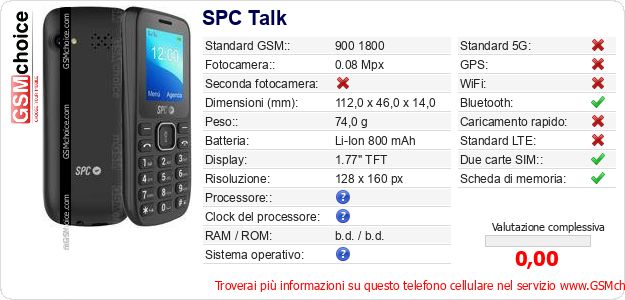 SPC Talk Dati tecnici di telefono cellulare 