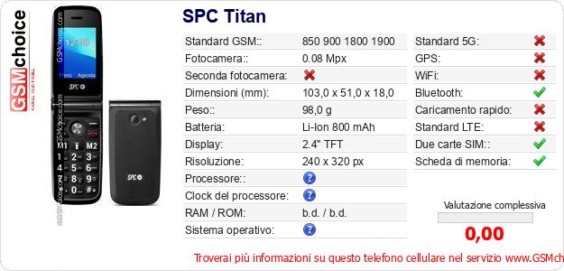 SPC Titan Dati tecnici di telefono cellulare SPC Titan Dati tecnici di telefono cellulare