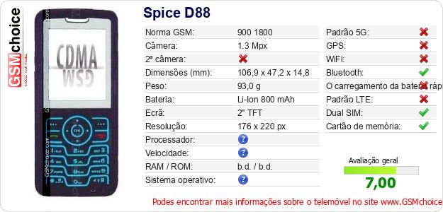 Spice D88 Especificações técnicas do telemóvel Spice D88 Especificações técnicas do telemóvel