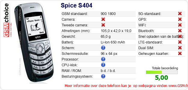 Spice S404 Technische gegevens Spice S404 Technische gegevens