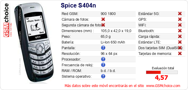 Spice S404n Datos técnicos del móvil Spice S404n Datos técnicos del móvil