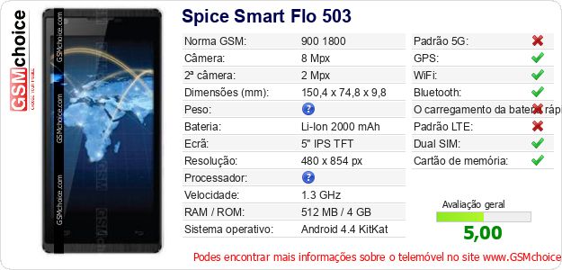 Spice Smart Flo 503 Especificações técnicas do telemóvel Spice Smart Flo 503 Especificações técnicas do telemóvel