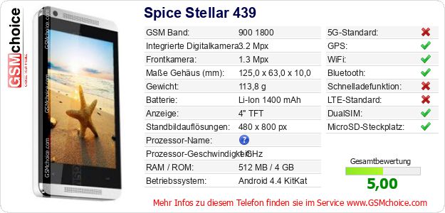 Spice Stellar 439 technische Daten Spice Stellar 439 technische Daten
