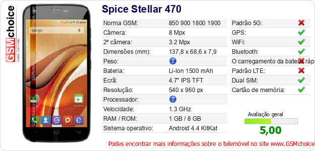 Spice Stellar 470 Especificações técnicas do telemóvel 