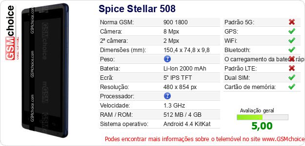Spice Stellar 508 Especificações técnicas do telemóvel Spice Stellar 508 Especificações técnicas do telemóvel