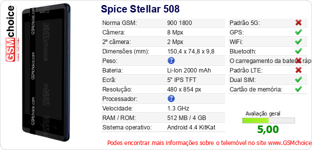 Spice Stellar 508 Especificações técnicas do telemóvel 