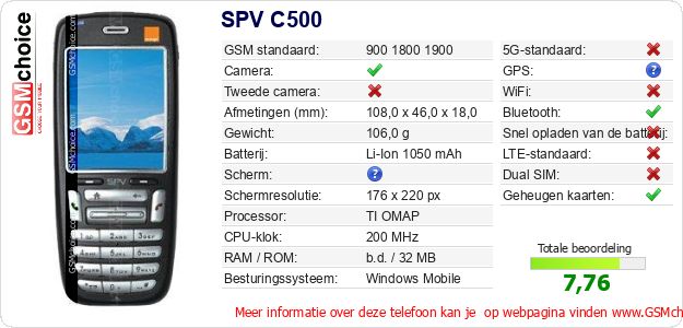 SPV C500 Technische gegevens 