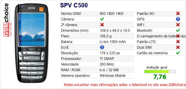 SPV C500 Especificações técnicas do telemóvel 