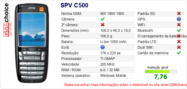 SPV C500 Especificações técnicas do telemóvel 