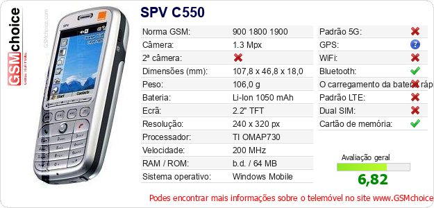 SPV C550 Especificações técnicas do telemóvel SPV C550 Especificações técnicas do telemóvel