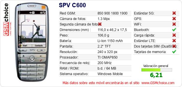 SPV C600 Datos técnicos del móvil 