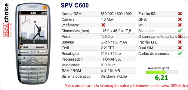 SPV C600 Especificações técnicas do telemóvel SPV C600 Especificações técnicas do telemóvel