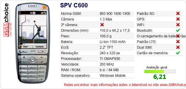 SPV C600 Especificações técnicas do telemóvel 