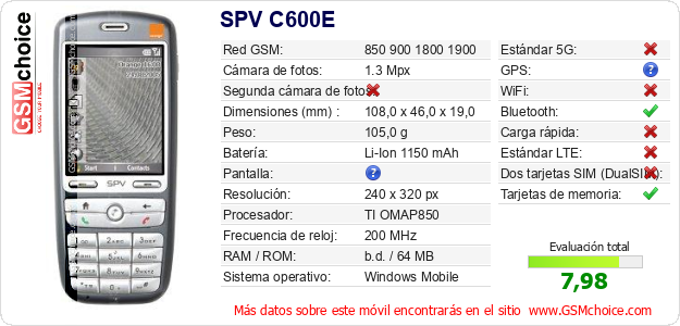 SPV C600E Datos técnicos del móvil SPV C600E Datos técnicos del móvil
