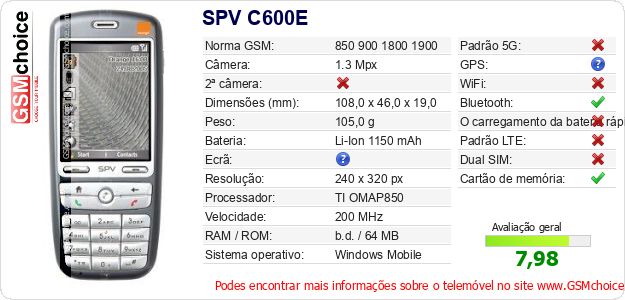 SPV C600E Especificações técnicas do telemóvel 